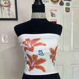 Floral Tube Top - White with Orange and Blue Accents